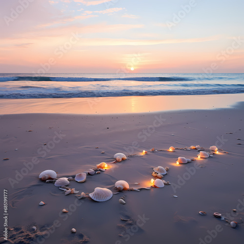 a minimalist beach at dusk with seashells scattered on the sand