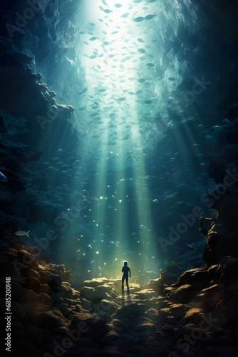 A mystical underwater scene with a person swimming among bioluminescent sea creatures and plants