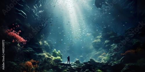 A mystical underwater scene with a person swimming among bioluminescent sea creatures and plants