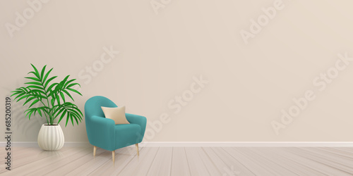 Minimalist living room home interior design, teal armchair with pillow on oak wooden hardwood floor with houseplant and empty white wall for copy space. Cozy hotel decoration. Vector illustration photo