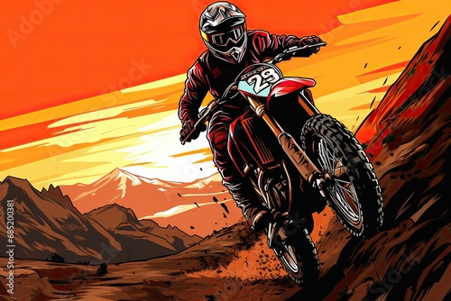 dirt bike jumping over obstacles with a sense of mountains