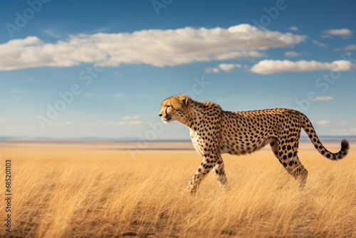 A cheetah walks in a field of golden belly and blue sky