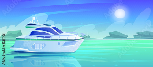 Cartoon yacht with closed cabin. Blue ocean. Sea, marine ship. Nautical transport. Summer vacation. Holiday cruise, adventure journey. Vector illustration