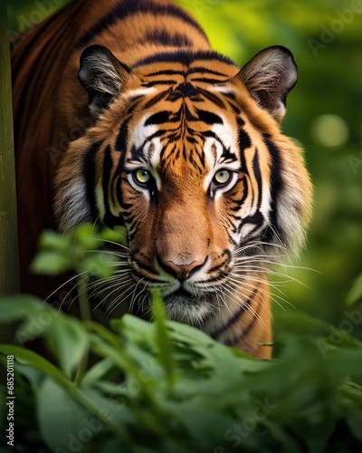 The face of a Bengal tiger peeking out from inside the bushes.