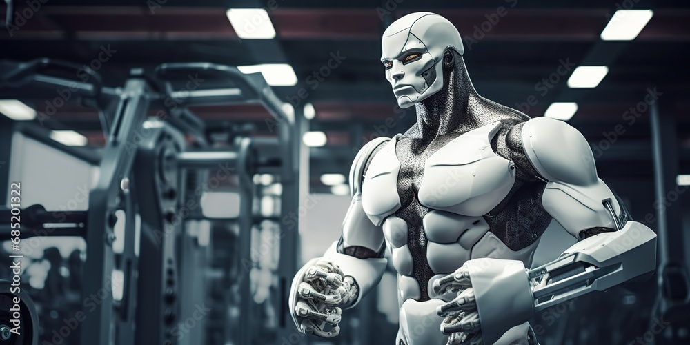 A robot serving as a personal fitness trainer for a human, demonstrating exercises in a gym A robot serving as a personal fitness trainer for a human, demonstrating exercises in a gym