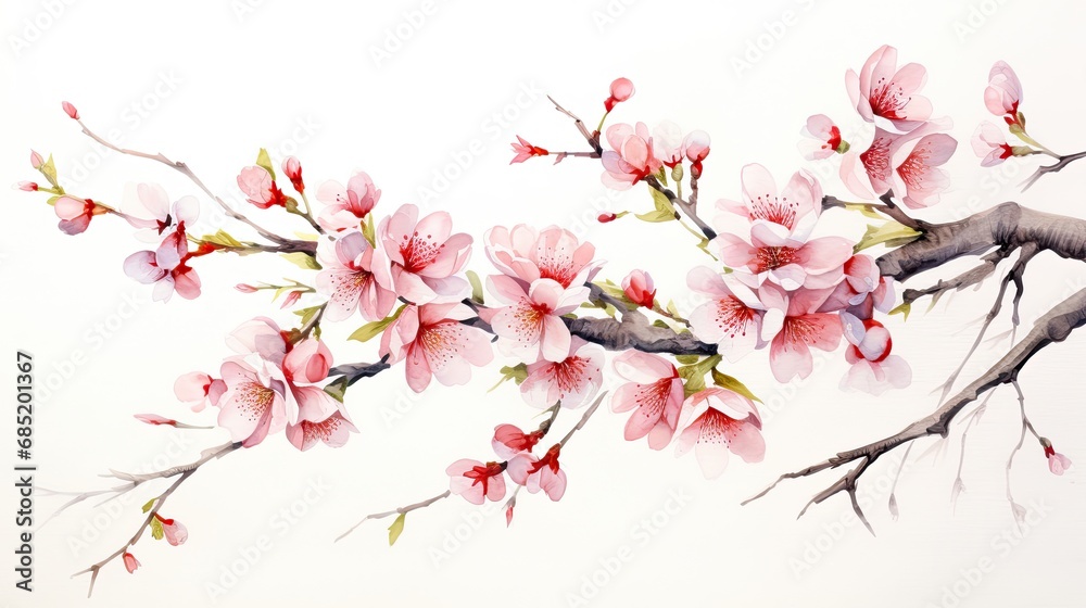 Watercolor Branches With Sakura pink flowers