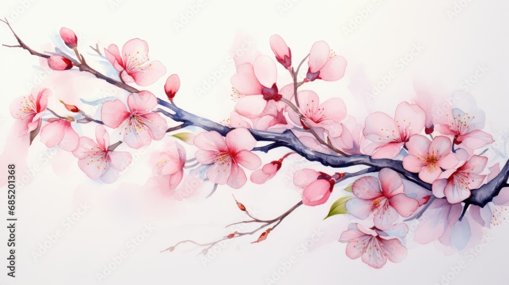 Watercolor Branches With Sakura pink flowers