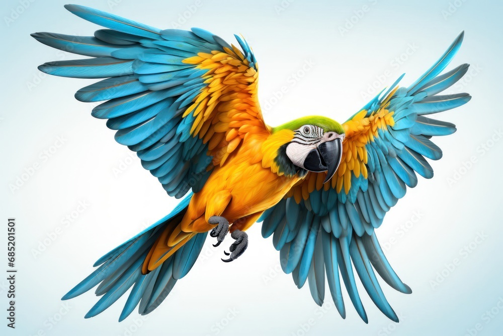 Blue and Yellow Parrot Flying Through the Air Generative AI