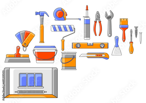 Background with repair tools. Equipment for construction industry and business.