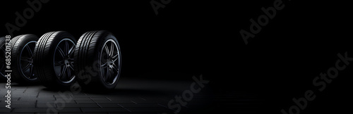 Car tires on black background with copy space, an illustrative concept for auto parts business and car repair shop  photo