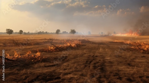 Capture the crisis: wildfire aftermath on a wheat field, arid climate, and environmental pollution.