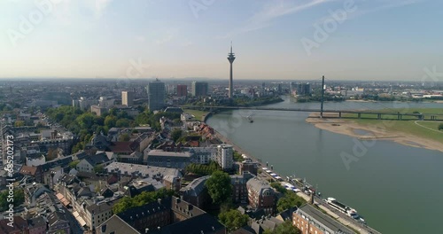 Dusseldorf aerial view of capital city in North Rhine-Westphalia, Germany, skyline with Rheinturm tower and bridge over river Rhine