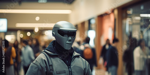 A robotic security guard patrolling a shopping mall, using advanced surveillance to ensure safety
