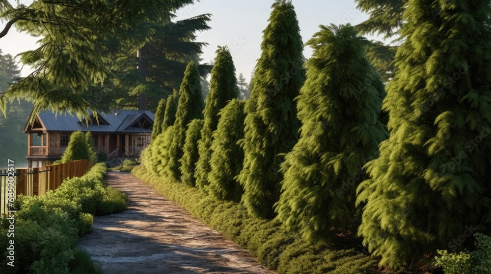 Fototapeta premium row of tall evergreen thuja trees creating a green hedge along a cottage path.