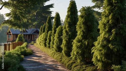 row of tall evergreen thuja trees creating a green hedge along a cottage path.