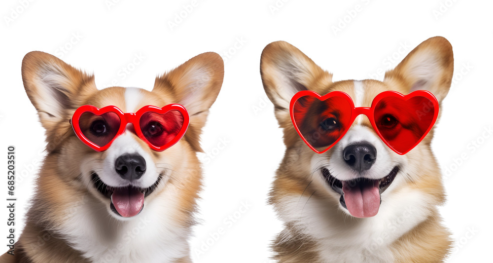 Funny portrait Corgi with heart-shaped sunglasses: The perfect cute dog set for Valentine’s Day, Isolated on Transparent Background, PNG Funny portrait Corgi with heart-shaped sunglasses: The perfect cute dog set for Valentine’s Day, Isolated on Transparent Background, PNG