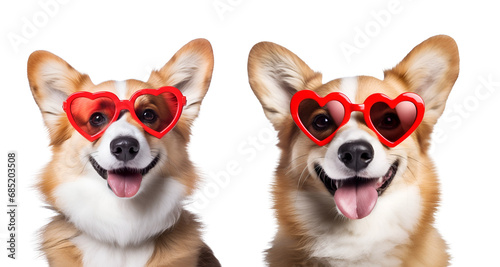 Valentine’s Day special: Cute dog set featuring a funny portrait Corgi with heart-shaped sunglasses, Isolated on Transparent Background, PNG