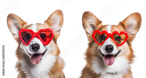Set of cute dog portraits for Valentine’s Day: Funny Corgi with heart-shaped sunglasses, Isolated on Transparent Background, PNG