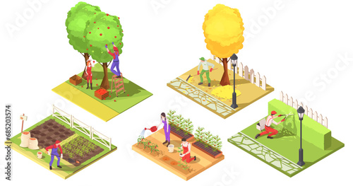 Set of gardening, farming, harvesting plots. Collection of growing tomato, pepper, potato, apple. Cleaning leaves. Isolated on white background. Isometric vector illustration