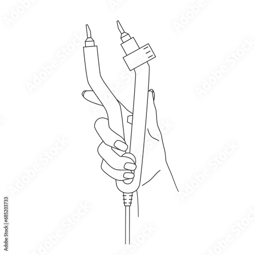 Line woman hand holding forceps for creating and removing capsules for hair extensions. Icon of professional tool for hairstyle master. Outline stylist tongs for overhead artificial curls