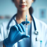 doctor's hand in a blue medical glove holds a syringe on a blurred laboratory background