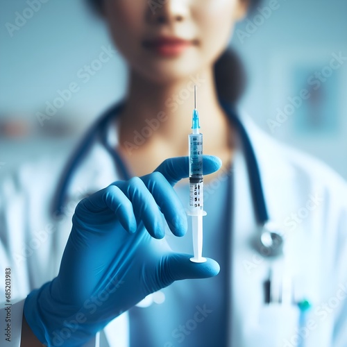 doctor's hand in a blue medical glove holds a syringe on a blurred laboratory background photo