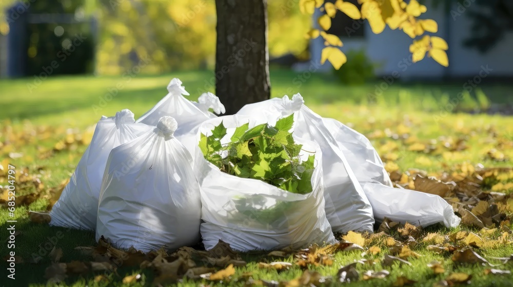 Fototapeta premium leaves in white bags on grass. eco disposal of fallen foliage.