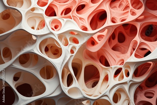 Abstract organic network in shades of coral and cream, evoking a 3D-printed bio-architecture with a soft, porous look.