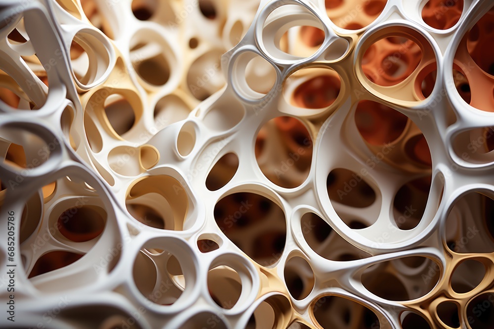 Organic of coral-like structures with porous textures and curling orange accents on a cream backdrop Organic of coral-like structures with porous textures and curling orange accents on a cream backdrop