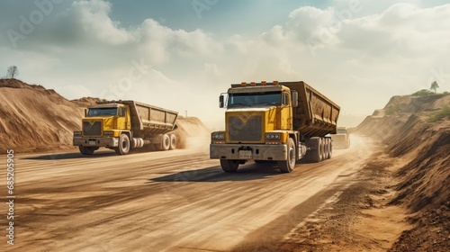 dump trucks unloading waste on a vast sanitary fill. Convey the environmental toll of outdated technology. photo
