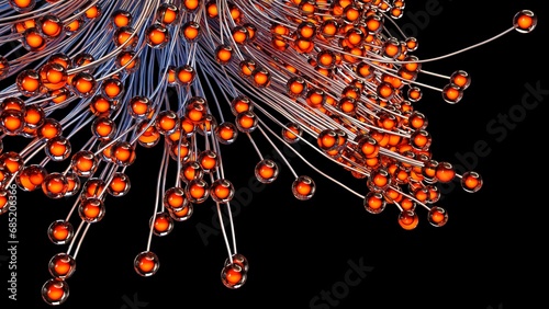 a close up of bunches of glass balls hanging off aluminum stems. Orange glow and black background. 3D illustration
