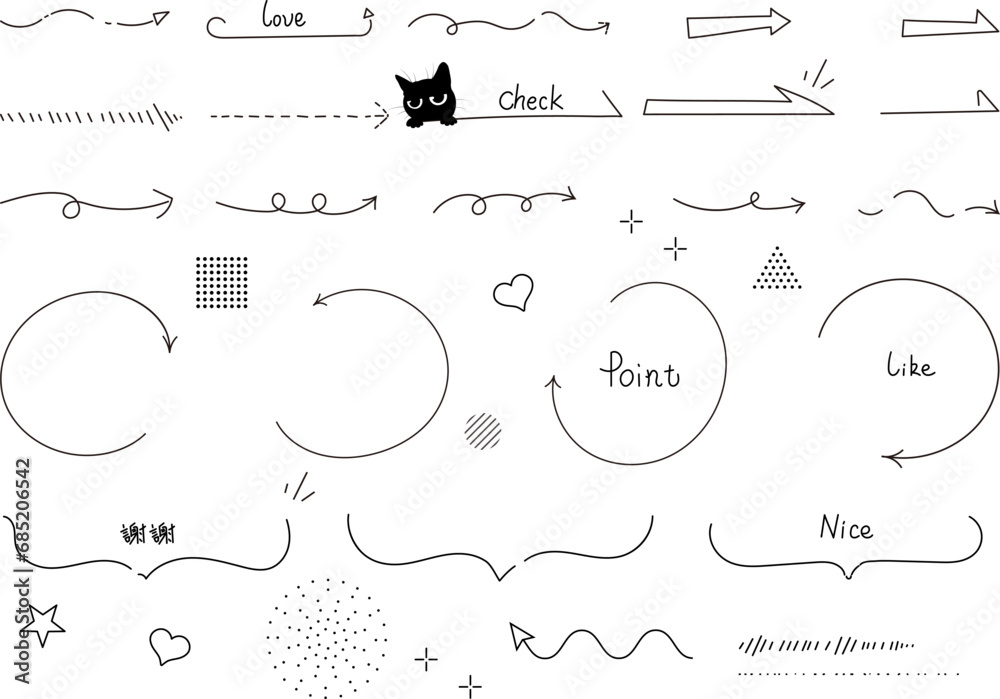 可愛い猫 手書き風 シンプルな吹き出しセット 装飾 黒 可愛い猫 手書き風 シンプルな吹き出しセット 装飾 黒