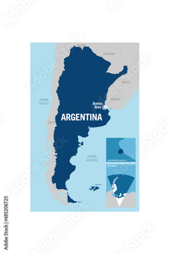 Argentina country basic contour detailed vector map. Includes Antartic and Buenos Aires city. South America.