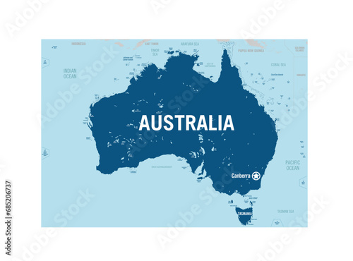 Australia country basic contour political map. Detailed vector illustration with islands.