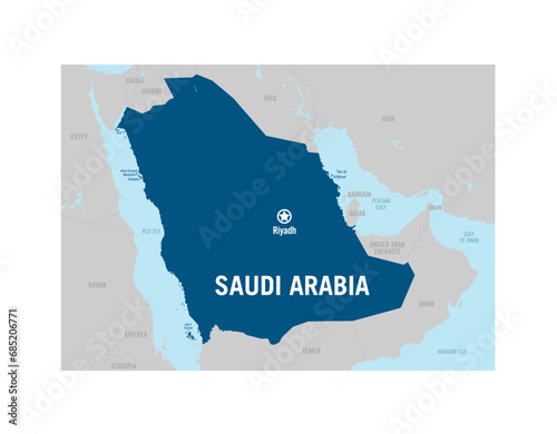 Saudi Arabia country basic map.  Vector contour illustration with capital city Riyadh.