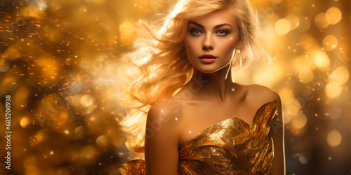 Enchanting in Gold: Beautiful Woman with a Radiant Smile