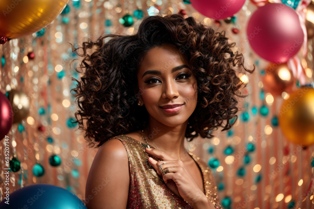 Happy young woman with curly brown hair smiling at camera at a party Happy young woman with curly brown hair smiling at camera at a party