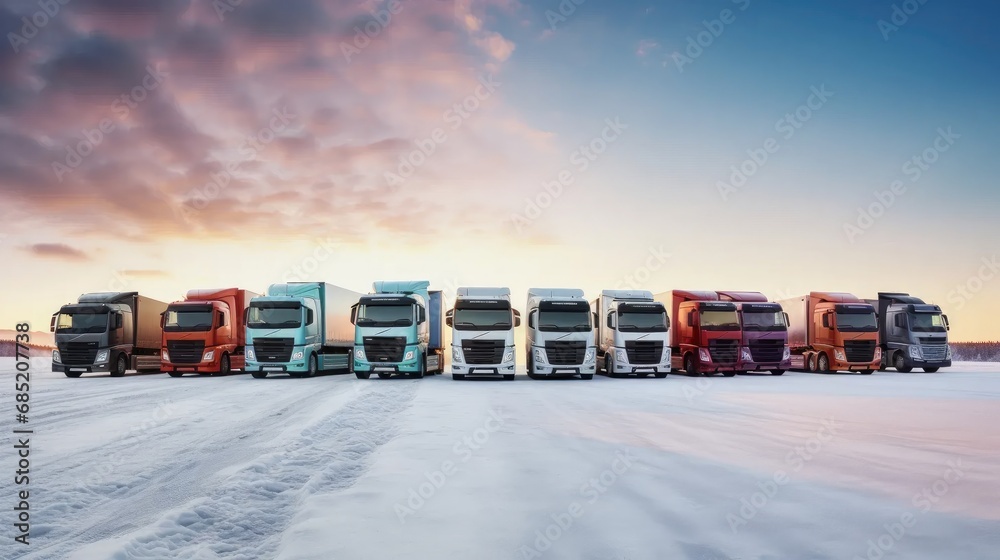 snowbound trucks on a halted highway. logistical challenge in a winter spectacle.