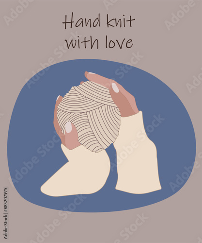 Hands with knitting needles knit a woolen product. Vector illustration isolated on white background for home craft stores and postcard design. Hobbies for relaxation. Creating cozy things.