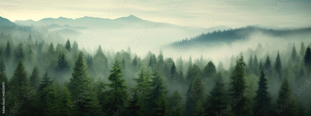Ethereal Foggy Conifer Forest View