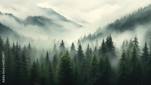 Enigmatic Vintage Evergreens in Mist © Andrii 