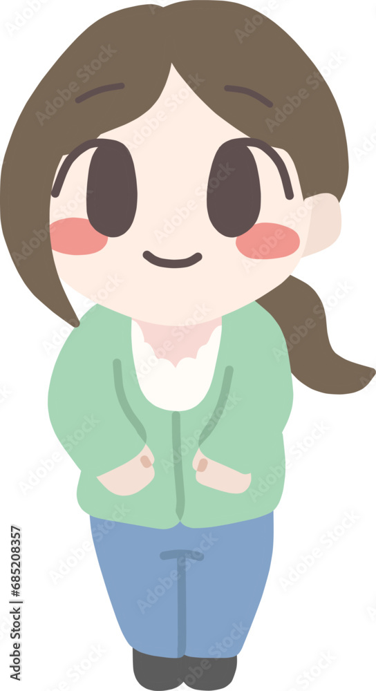 ミニキャラにデフォルメした、カジュアルな服装の笑顔の成人女性の全身イラスト ミニキャラにデフォルメした、カジュアルな服装の笑顔の成人女性の全身イラスト