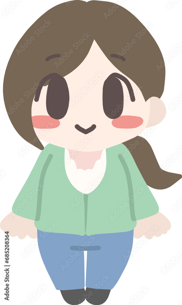 ミニキャラにデフォルメした、カジュアルな服装の笑顔の成人女性の全身イラスト ミニキャラにデフォルメした、カジュアルな服装の笑顔の成人女性の全身イラスト