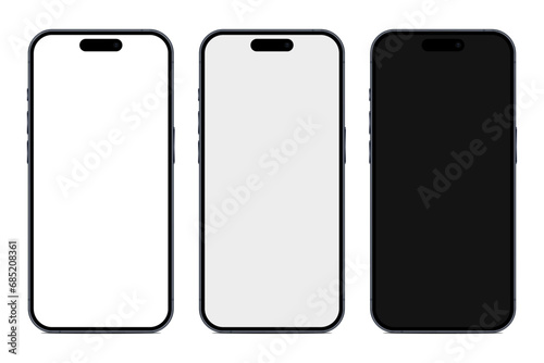 Set of 3 blue modern mobile phones with 3 different screens. High realistic vector graphic.