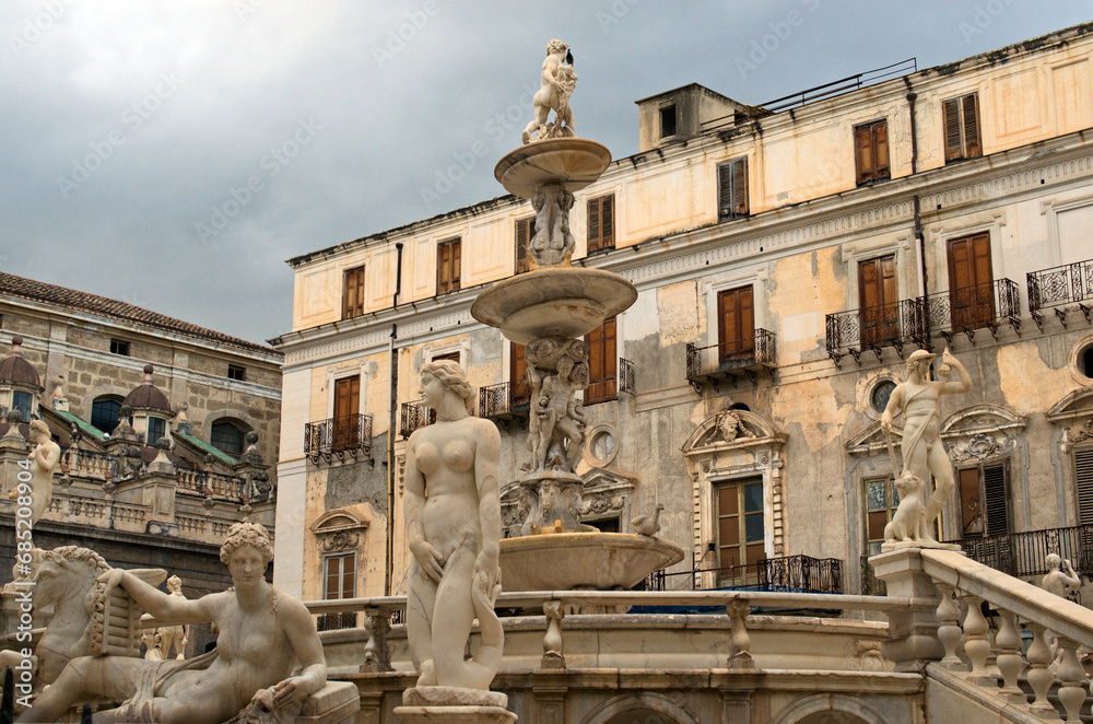Amazing Palermo Praetorian Fountain in center of Piazza Pretoria. Notable landmark. Depicted ancient Greek Mythology. UNESCO World Heritage Site