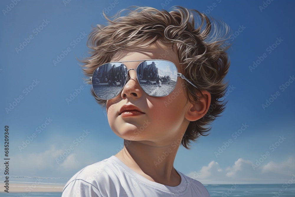 AI-generated illustration of a young boy wearing stylish sunglasses stands on a beach