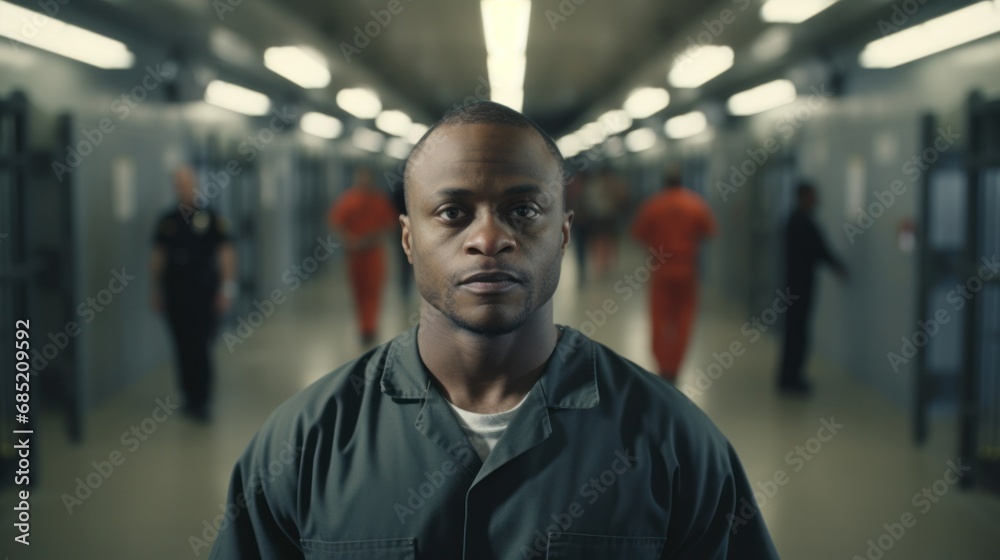 African American Prison Guard Secures Cells with Incarcerated Prisoners in Corridor - obrazy, fototapety, plakaty 