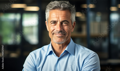 Confident Mature Businessman Smiling in Office Setting, Portrait of a Professional Executive with Grey Hair and Blue Shirt. photo
