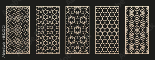 Laser cut, CNC cutting patterns set. Vector set with abstract geometric ornament, lines, floral grid, lattice. Arabesque style. Cutting stencil for wood panel, metal, plastic, paper. Aspect ratio 1:2