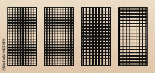 Laser cut panel set. Collection of vector abstract geometric patterns with square halftone grid, lines, gradient transition. Decorative stencil for CNC cutting of wood, metal, paper. Aspect ratio 1:2
